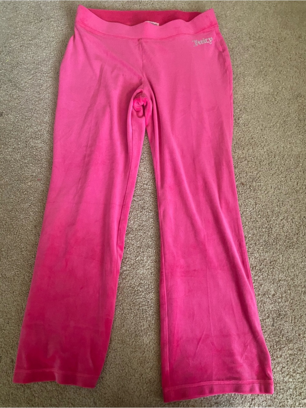 Y2K Juicy Couture Large Hot Pink Velour Bling Flare Track Pants Free Love- EUC